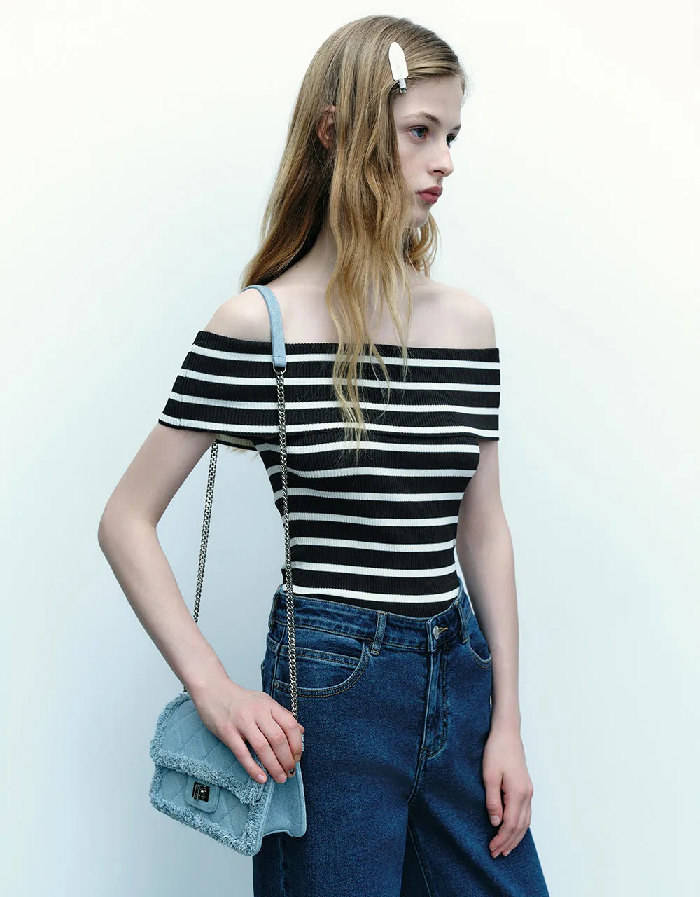 Striped Sleeveless Off-Shoulder Knitted T-Shirt sold by Urban Revivo