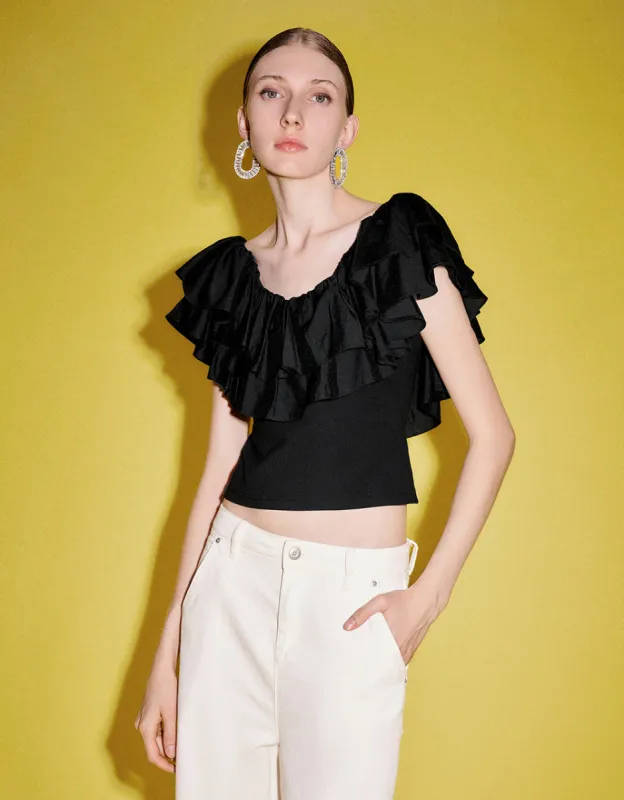 Ruffle Butterfly Sleeve V-Neck Skinny T-Shirt sold by Urban Revivo