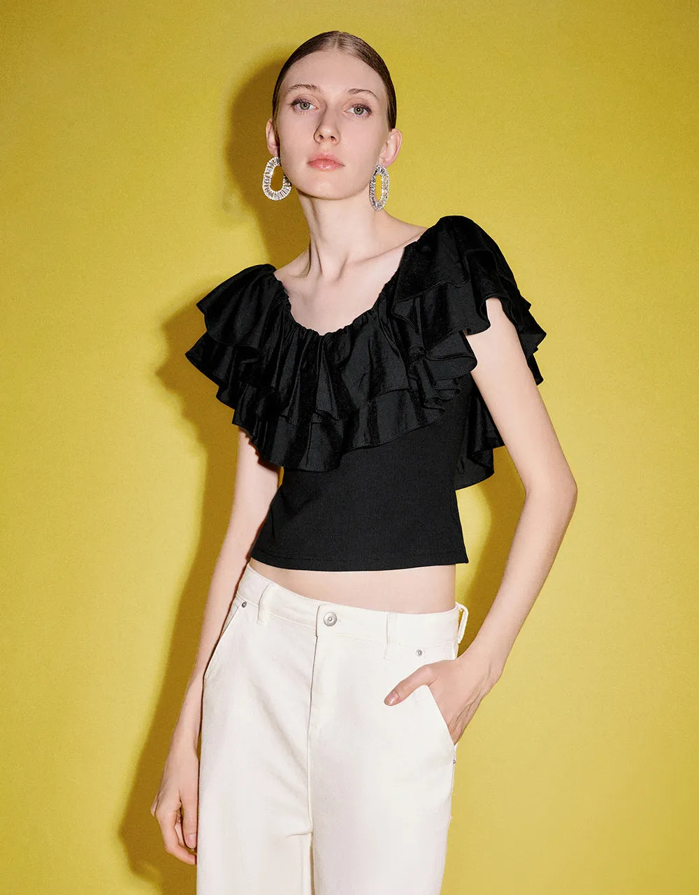 Ruffle Butterfly Sleeve V-Neck Skinny T-Shirt sold by Urban Revivo