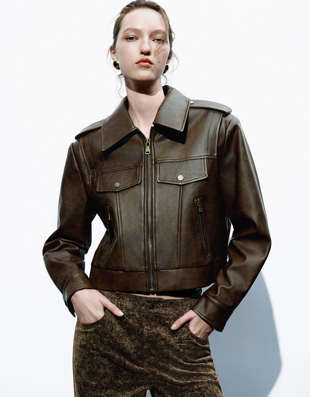 Zipper Front Distressed Vegan Leather Jacket sold by Urban Revivo