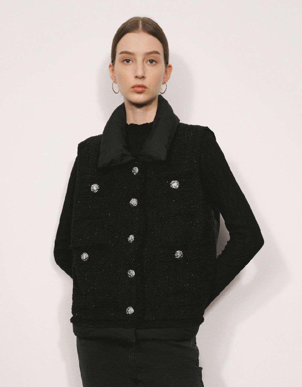 Tweed Stand Collar Puffer Vest sold by Urban Revivo