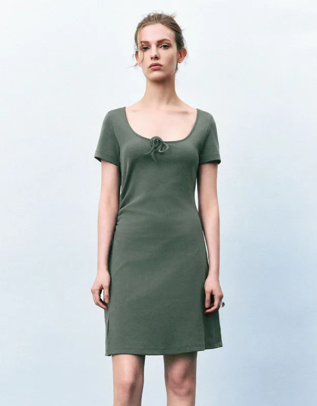 Tie Front Crew Neck  A-Line Dress sold by Urban Revivo