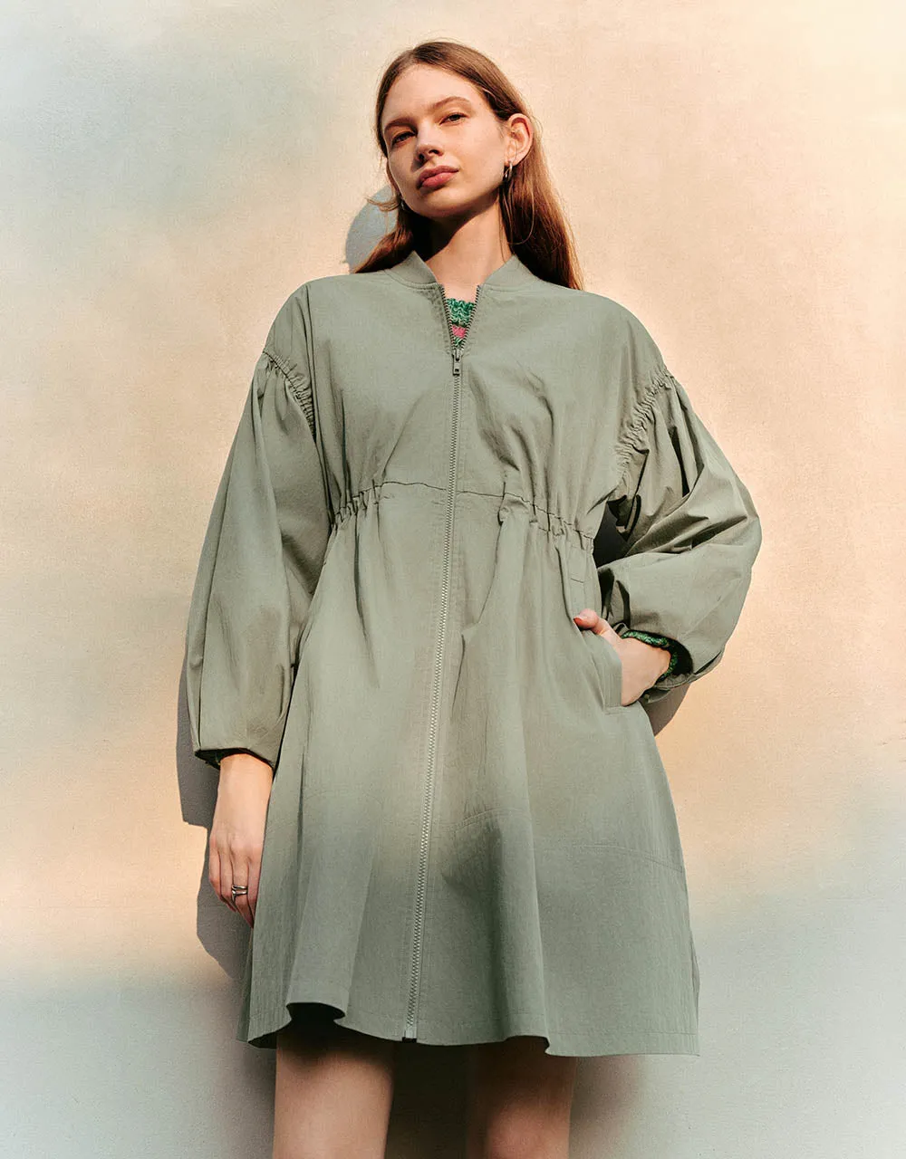 Zipper Front Puff Sleeve Skater Jacket sold by Urban Revivo