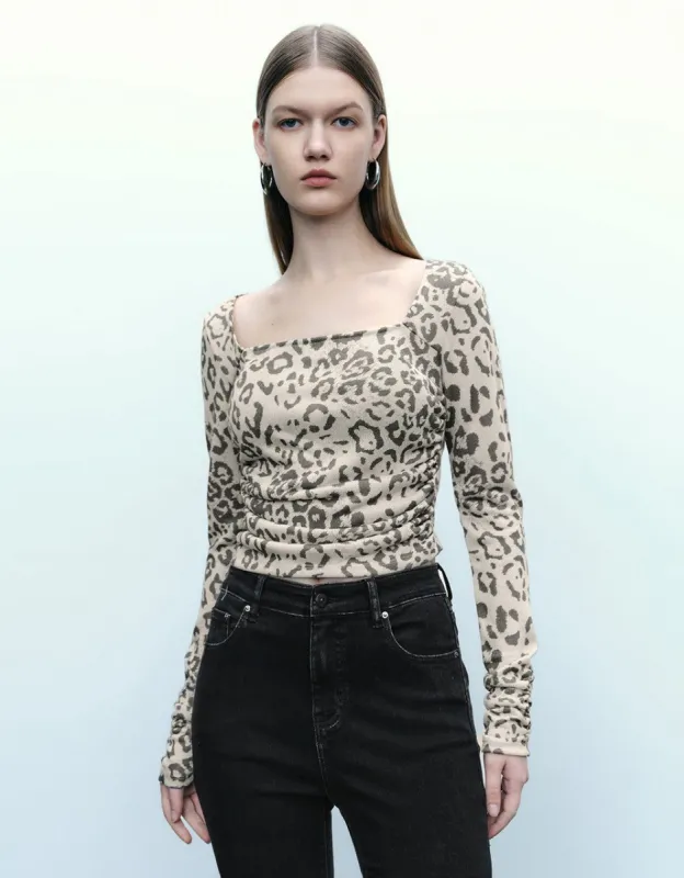 Leopard Square-cut Collar Skinny T-Shirt sold by Urban Revivo