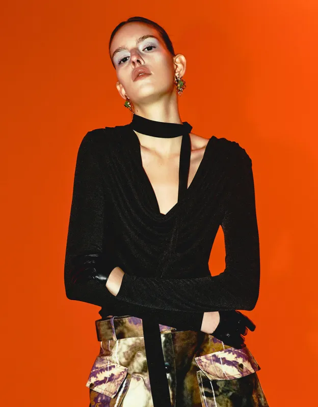 Ruched Cowl Neck Skinny T-Shirt With Tie sold by Urban Revivo