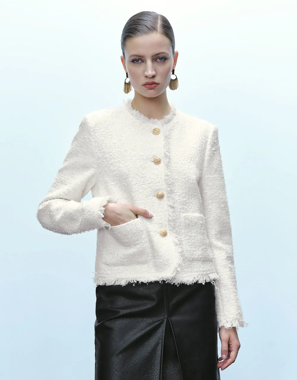 Raw Hem Tweed Jacket sold by Urban Revivo