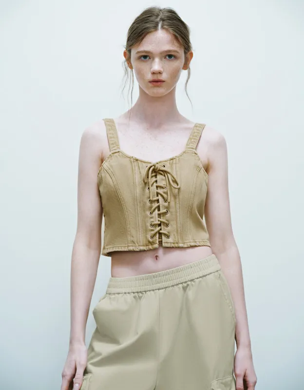Lace Up Front Cami Denim Top sold by Urban Revivo