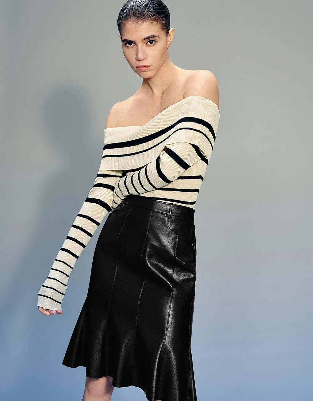 Off-Shoulder Striped Knitted T-Shirt sold by Urban Revivo product image thumbnail 3