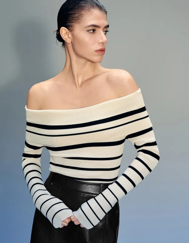 Off-Shoulder Striped Knitted T-Shirt sold by Urban Revivo