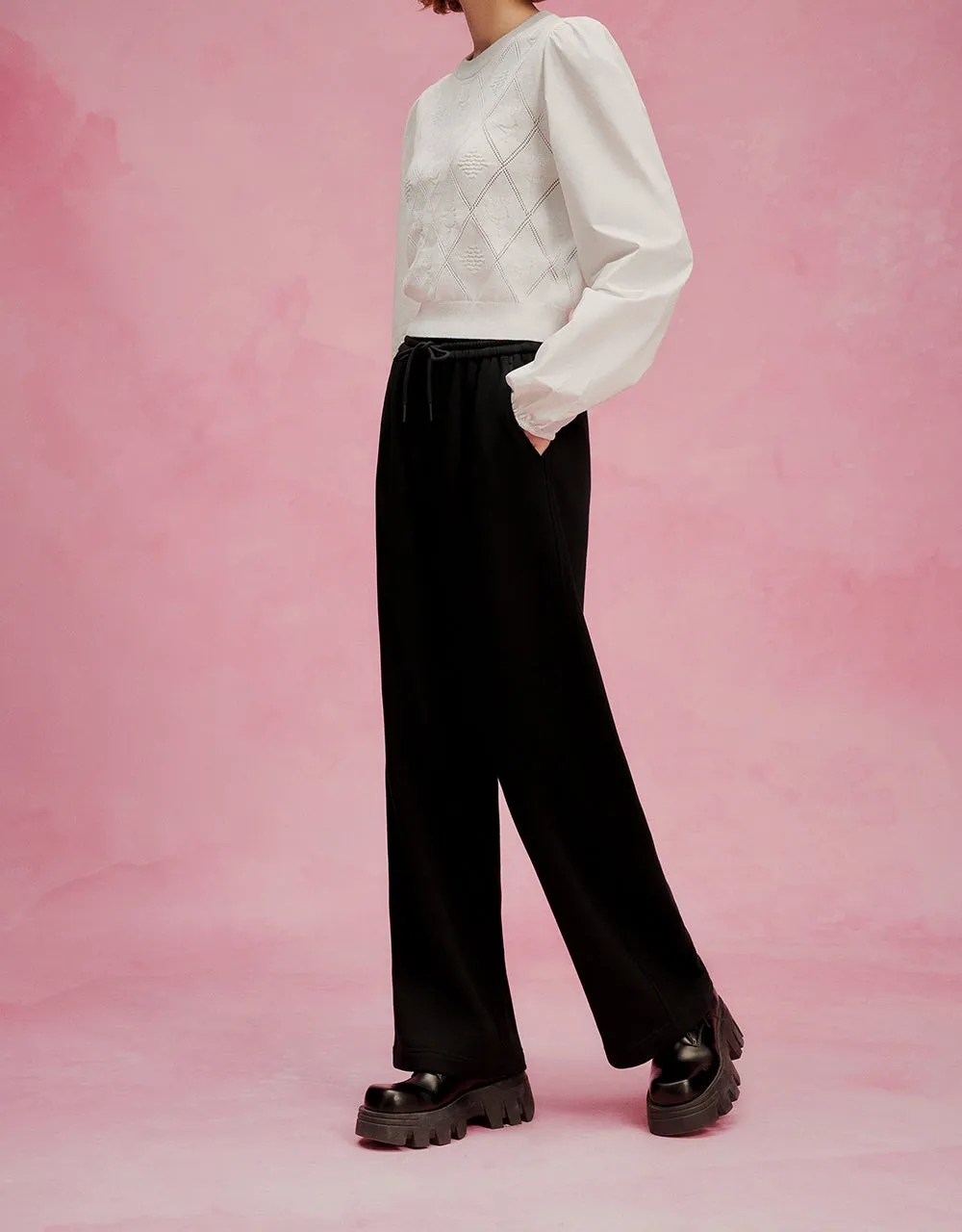 Drawstring Waist Knitted Wide-Leg Pants sold by Urban Revivo product image thumbnail 4