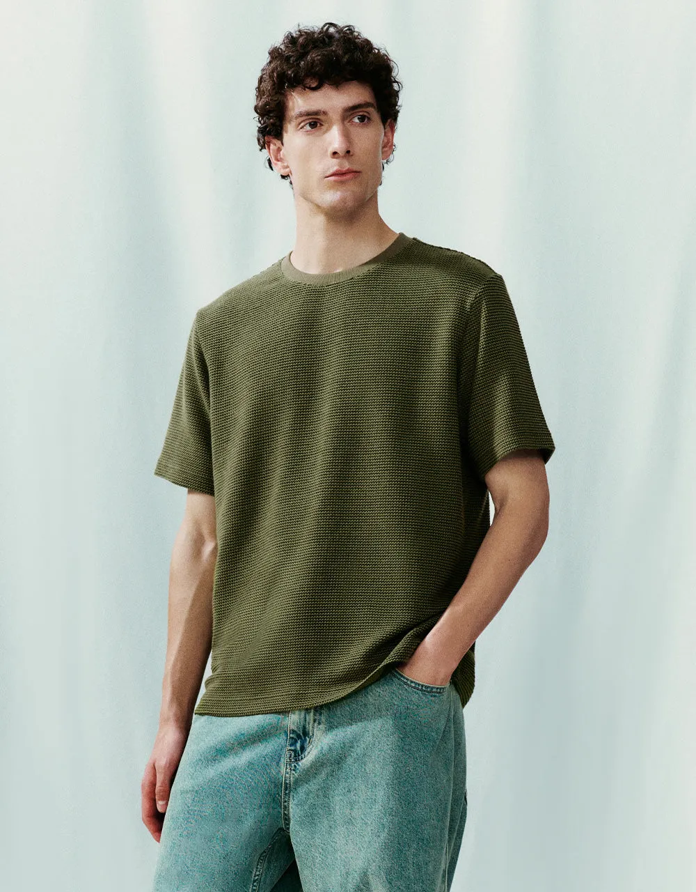 Textured Crew Neck Straight T-Shirt sold by Urban Revivo