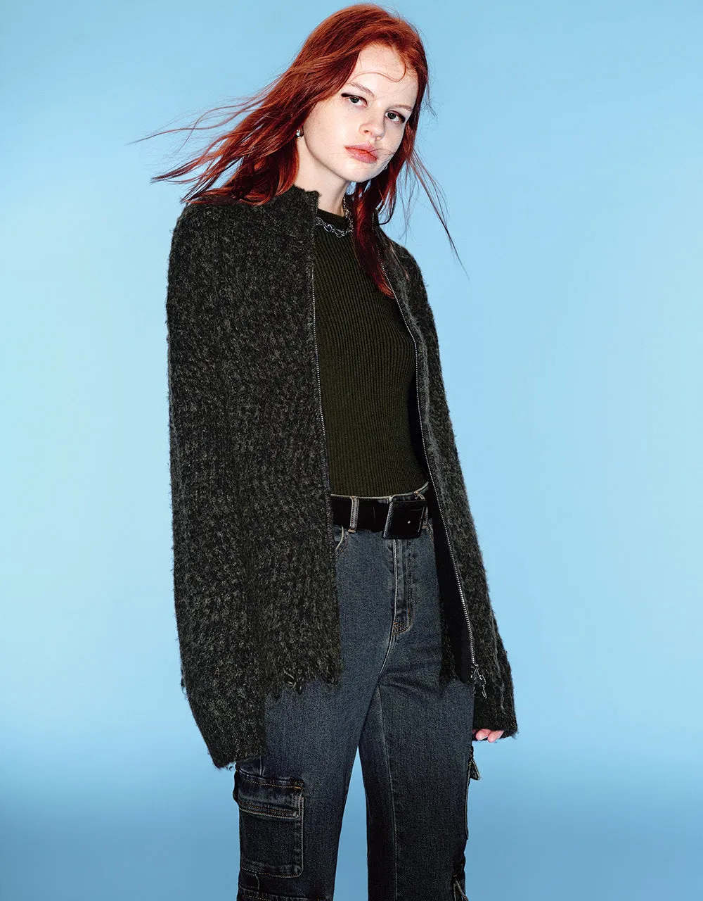 Raw Hem Zipper Front Knitted Cardigan sold by Urban Revivo product image thumbnail 3