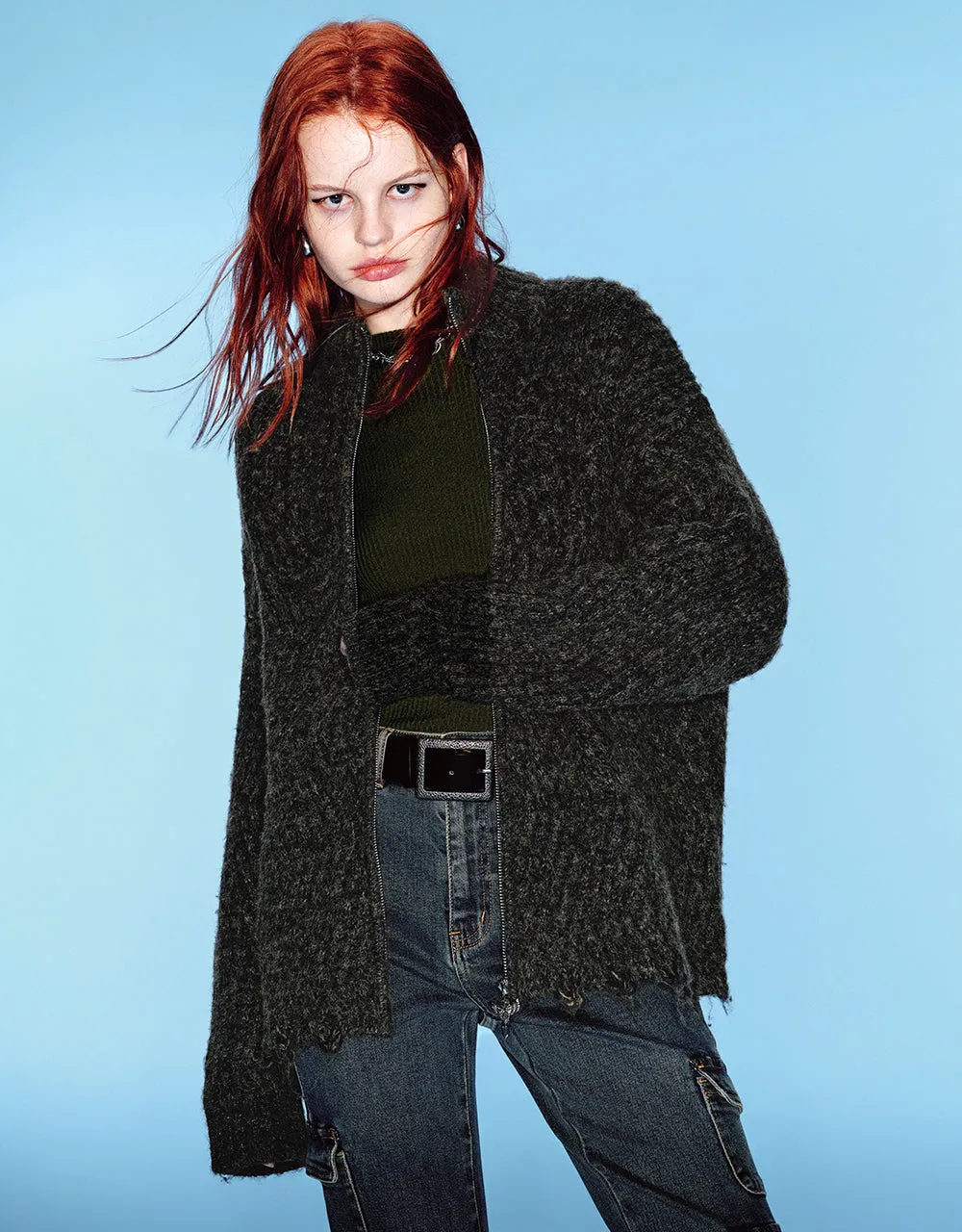 Raw Hem Zipper Front Knitted Cardigan sold by Urban Revivo