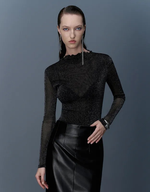 Sheer Stand Collar Skinny T-Shirt sold by Urban Revivo