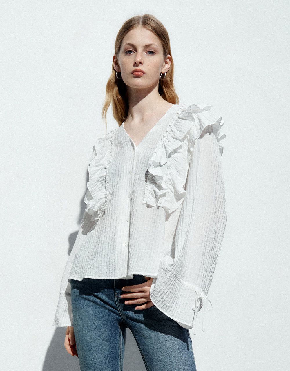 Textured Ruffle Straight Shirt sold by Urban Revivo