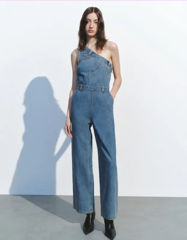One Shoulder Denim Jumpsuit With Belt made by Urban Revivo