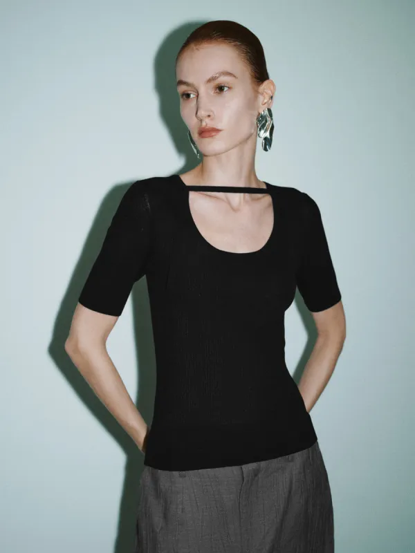 Keyhole Neck Skinny Knitted T-Shirt sold by Urban Revivo