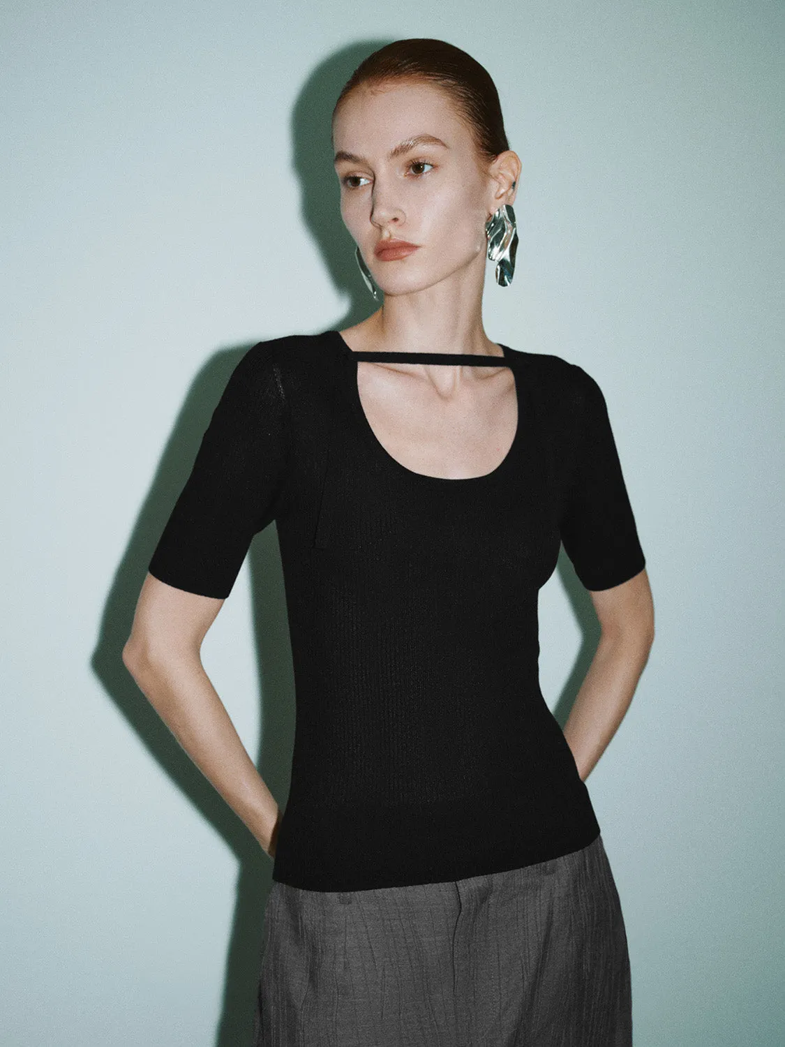 Keyhole Neck Skinny Knitted T-Shirt sold by Urban Revivo
