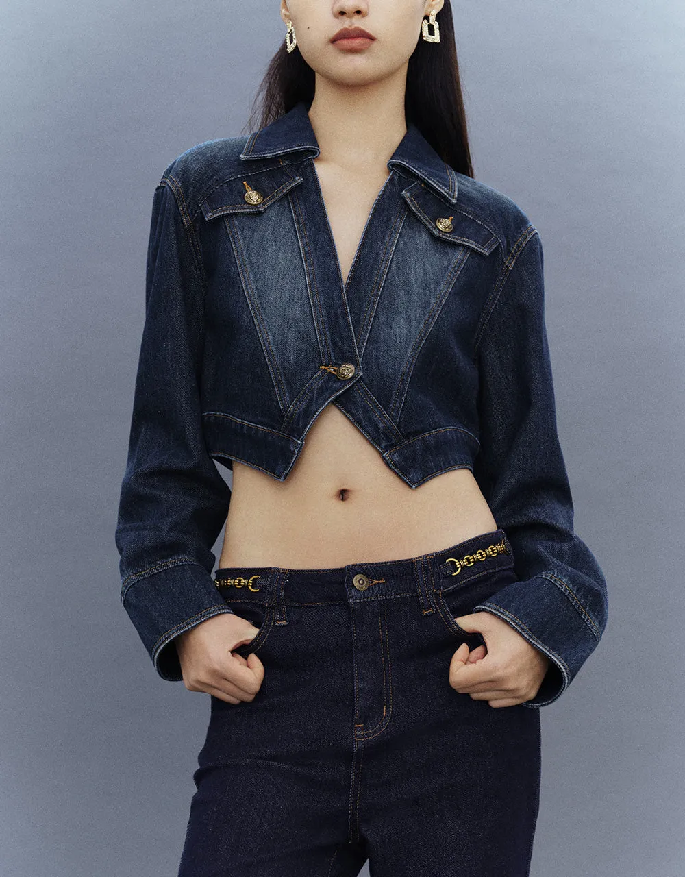 Cropped One Button Denim Jacket sold by Urban Revivo product image thumbnail 2
