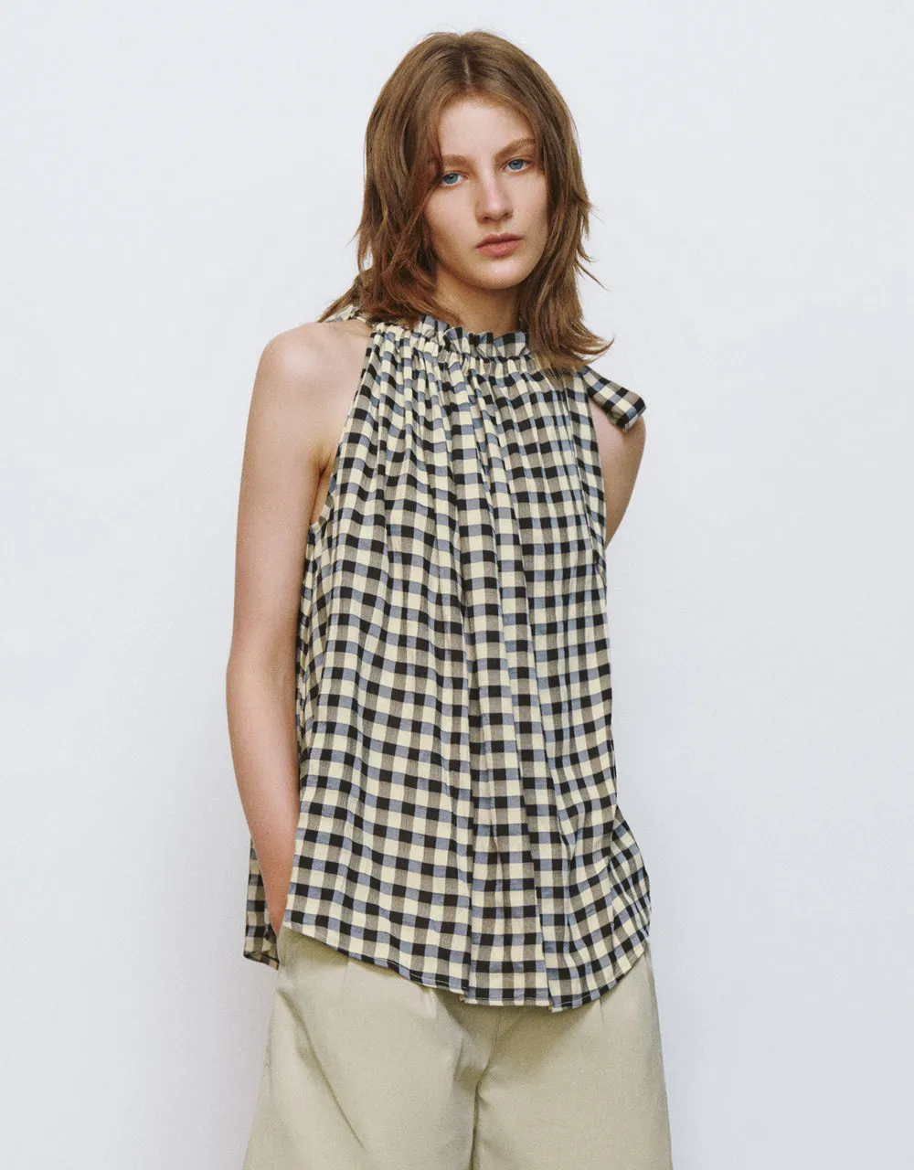 Halter Neck Plaid Sleeveless Blouse sold by Urban Revivo