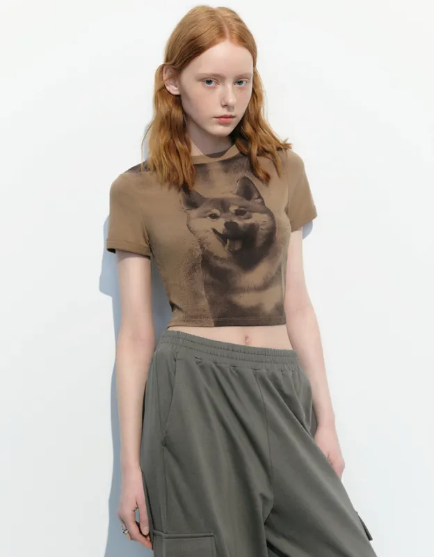 Dog Printed Crew Neck Skinny T-Shirt made by Urban Revivo