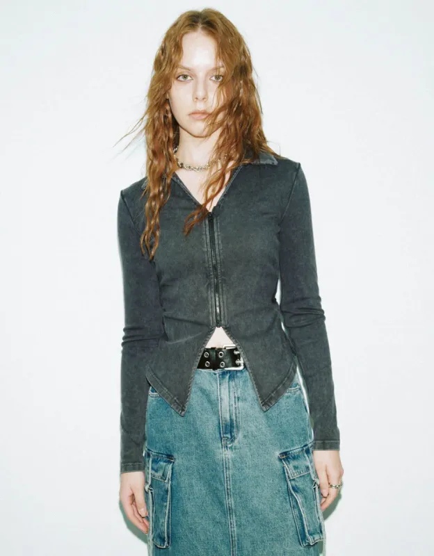 Zipper Front Knitted Skinny Shirt sold by Urban Revivo