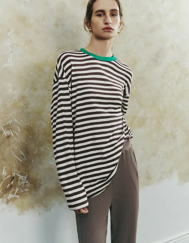 Striped Crew Neck Loose T-Shirt sold by Urban Revivo