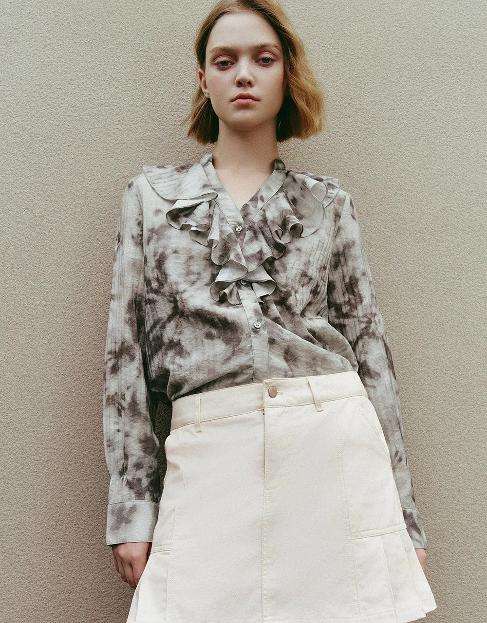 Ruffle Printed V-Neck Straight Shirt sold by Urban Revivo