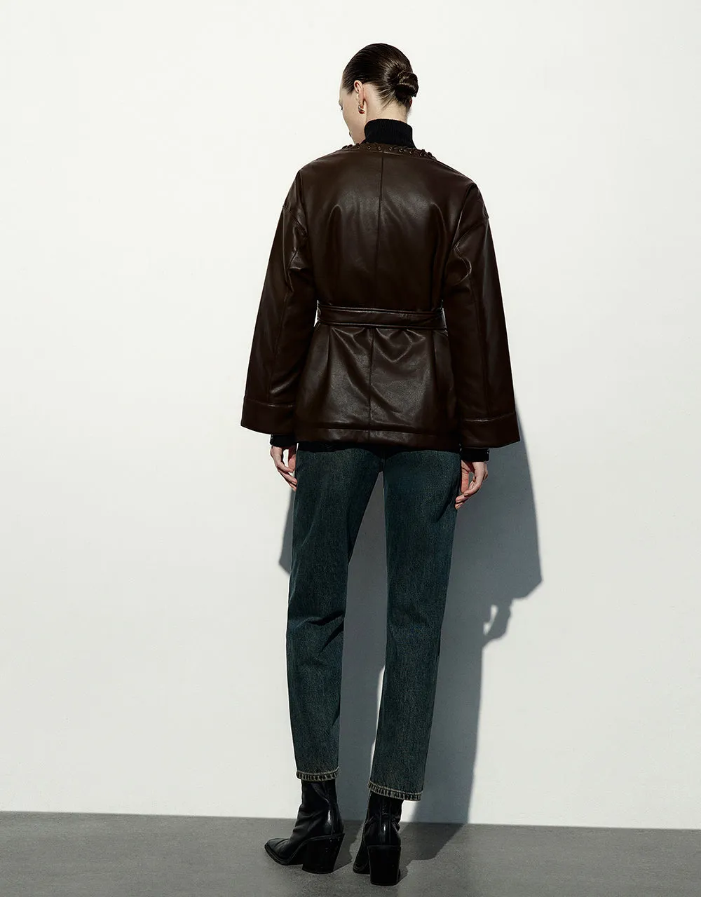 Drop Shoulder Sleeve Vegan Leather Jacket sold by Urban Revivo product image thumbnail 4