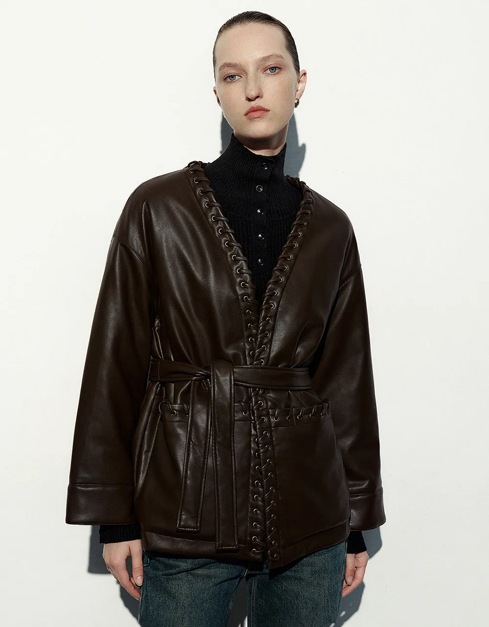 Drop Shoulder Sleeve Vegan Leather Jacket sold by Urban Revivo