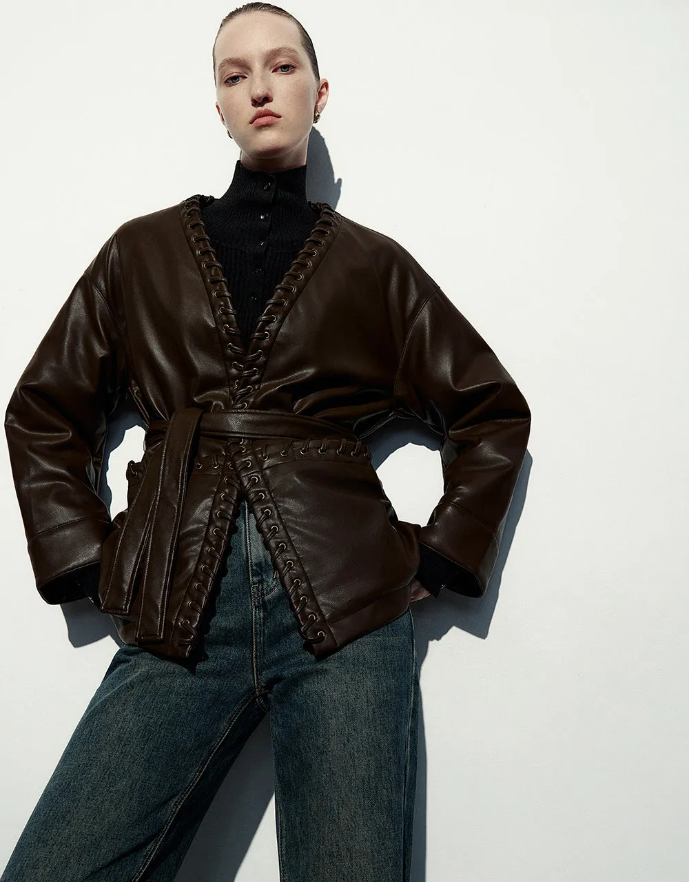 Drop Shoulder Sleeve Vegan Leather Jacket sold by Urban Revivo product image thumbnail 3