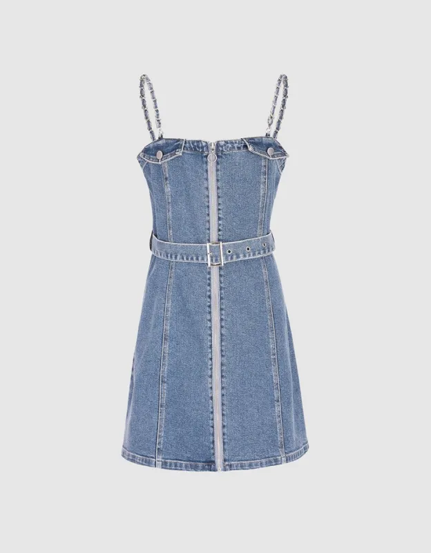 Zip Front Belted Cami Denim Dress sold by Urban Revivo