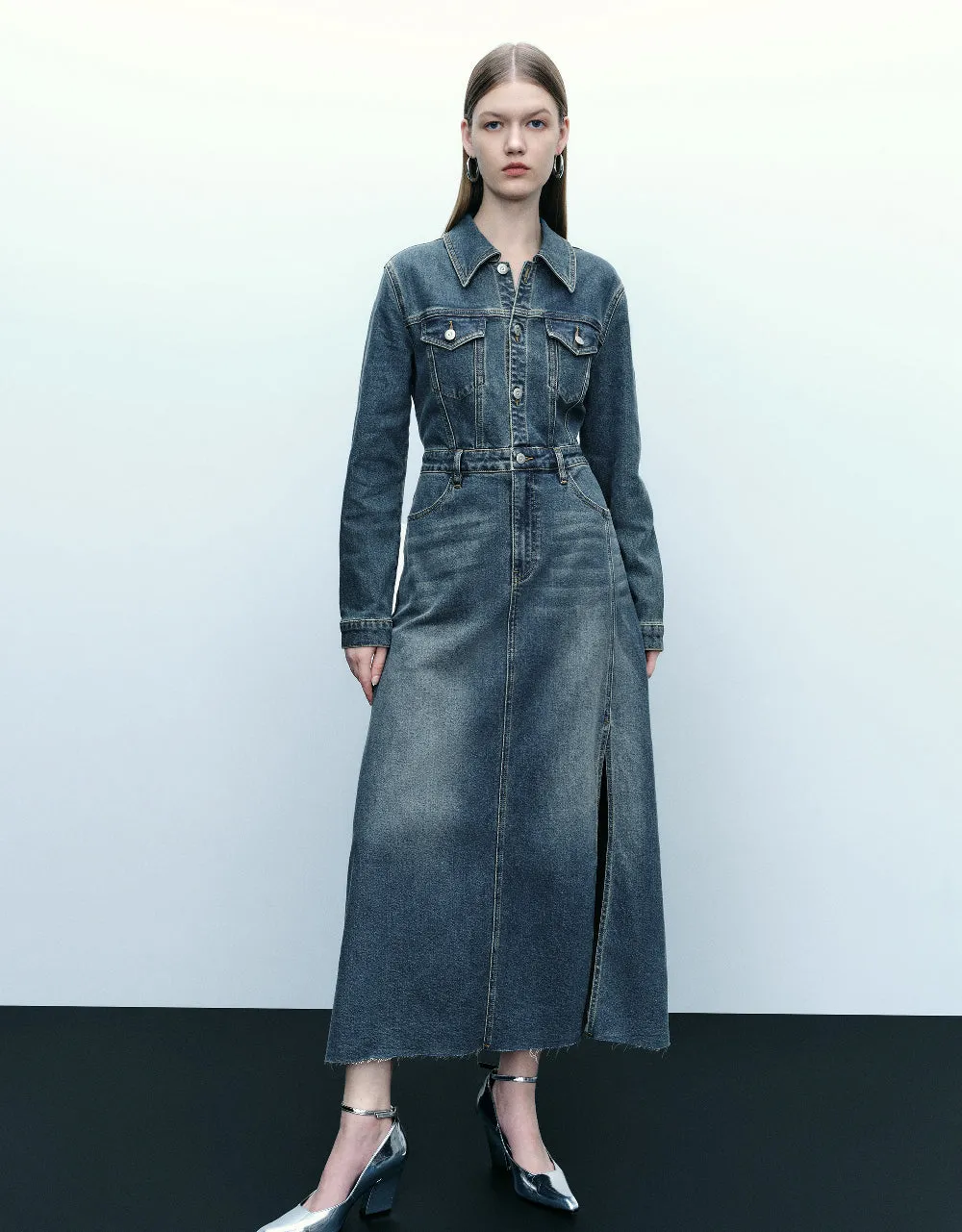 Split Hem Lapel Denim Dress sold by Urban Revivo