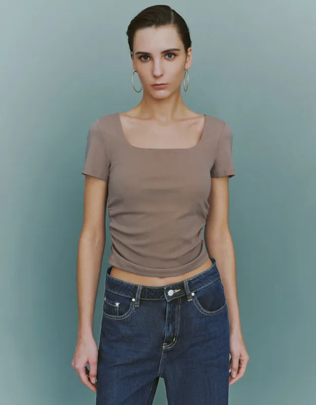 Cropped U Neck Skinny T-Shirt sold by Urban Revivo