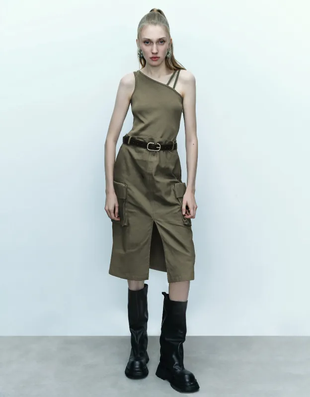 Sleeveless One Shoulder Straight Dress With Belt sold by Urban Revivo