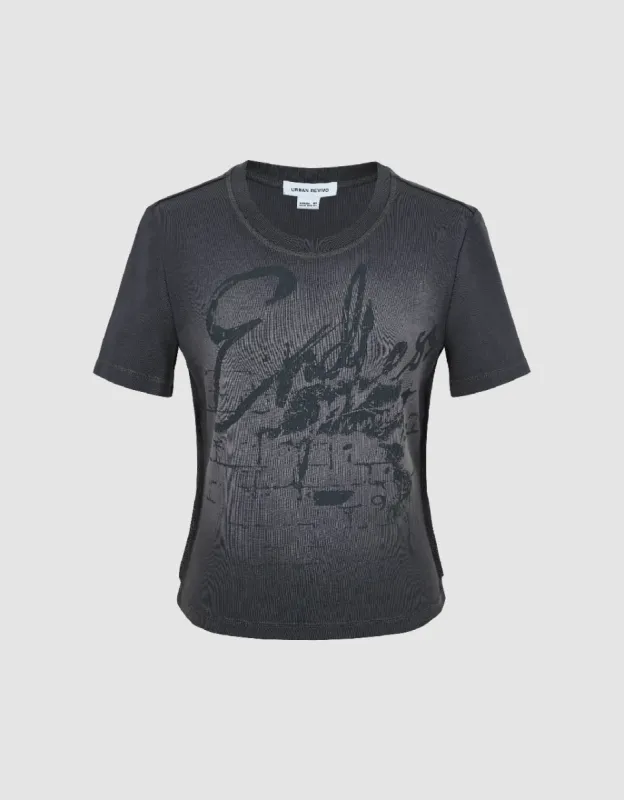 Printed Crew Neck Skinny T-Shirt sold by Urban Revivo