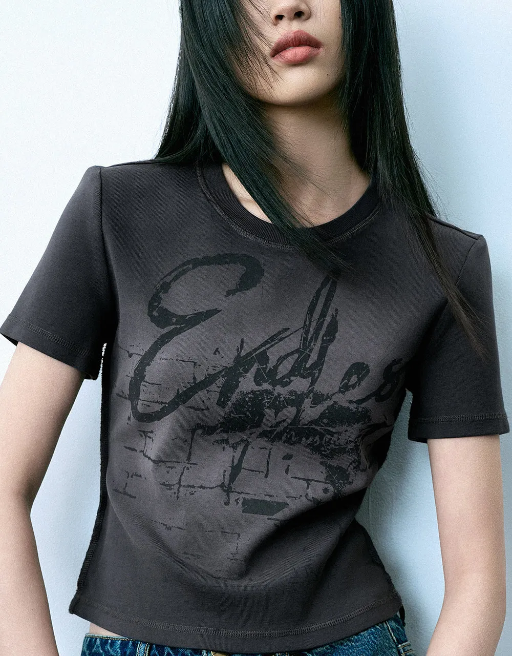 Printed Crew Neck Skinny T-Shirt sold by Urban Revivo product image thumbnail 4