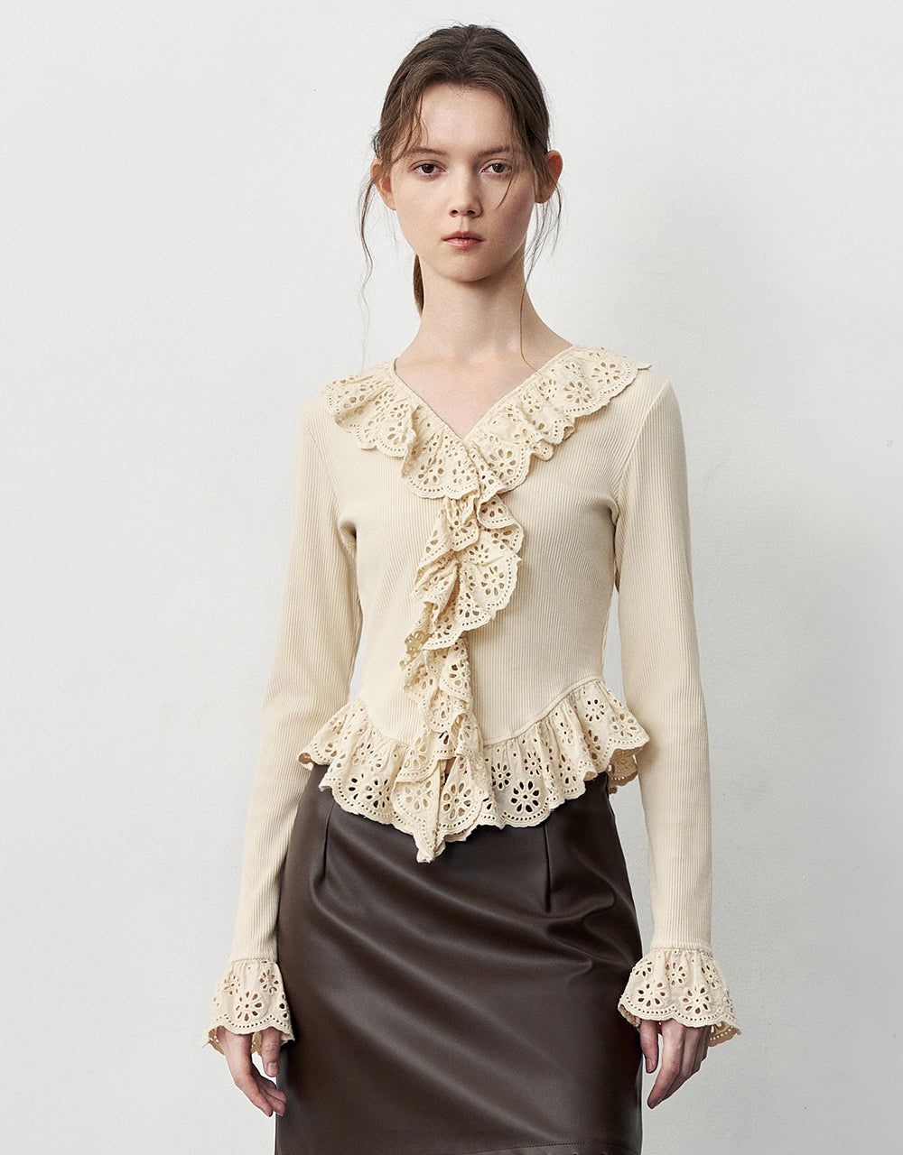 Ruffle V-Neck Skinny T-Shirt sold by Urban Revivo