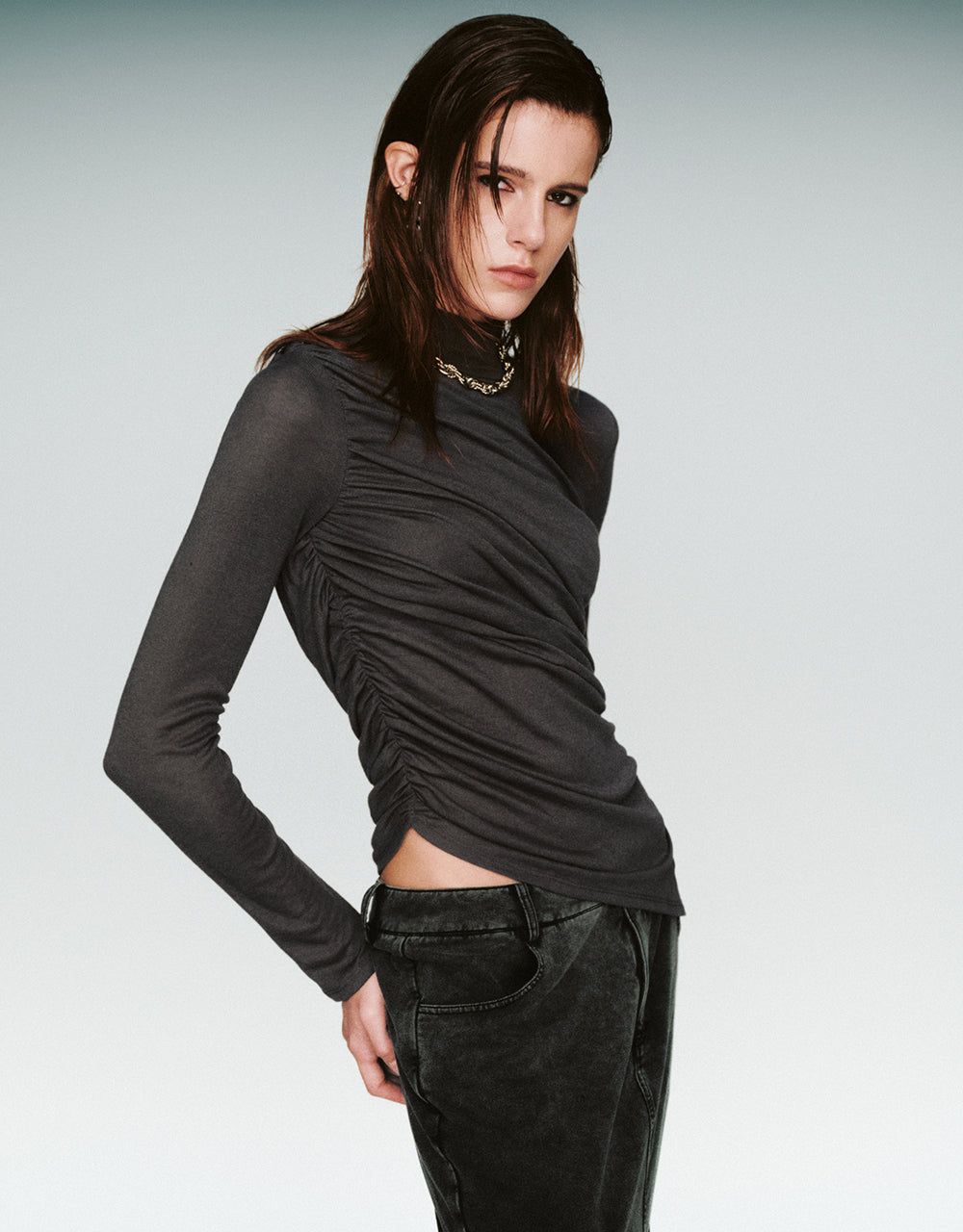Ruched Turtle Neck Skinny T-Shirt sold by Urban Revivo