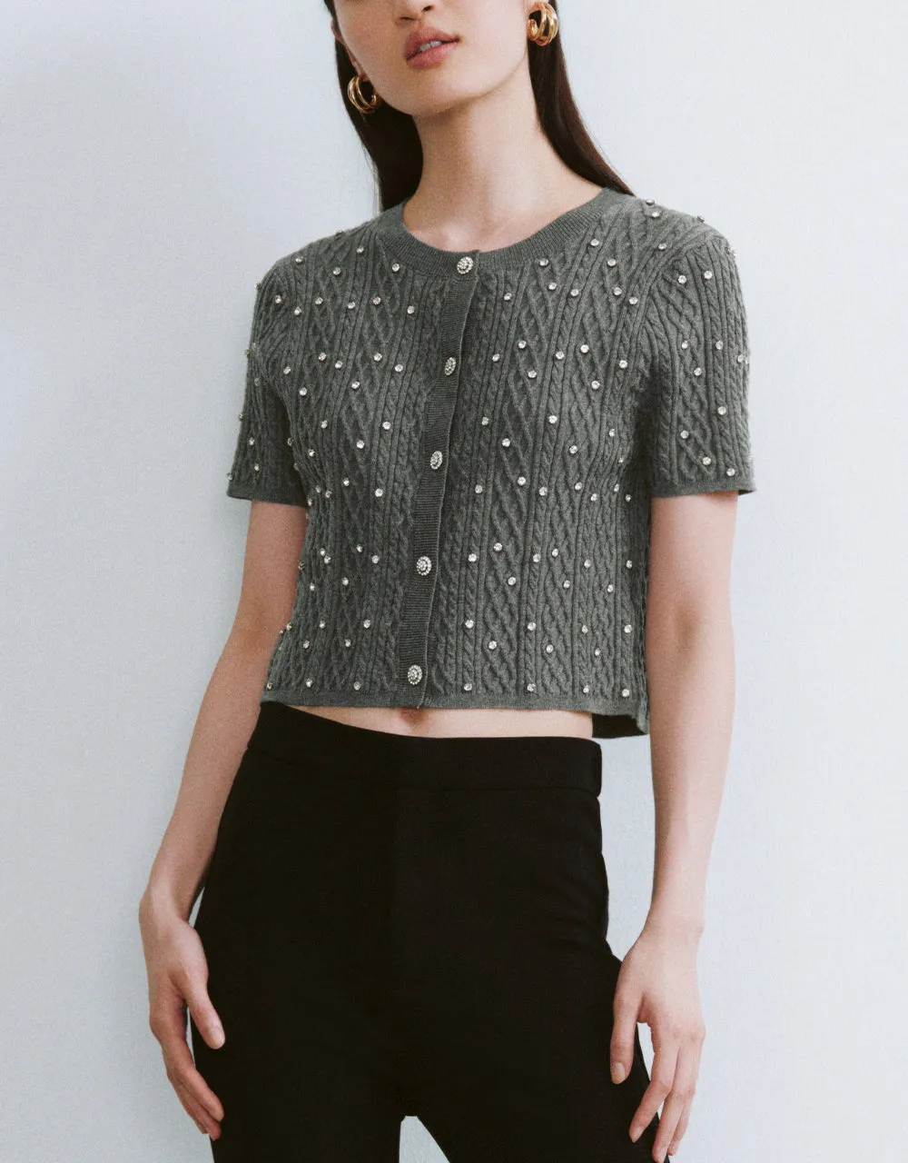 Rhinestone Décor Crew Neck Knitted Cardigan sold by Urban Revivo product image thumbnail 2