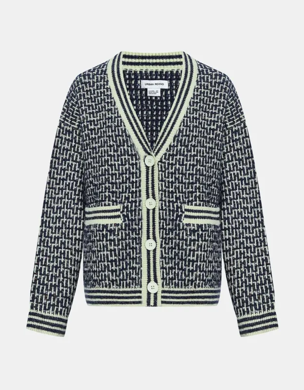 Striped Trim Tweed Plaid Pattern Cardigan sold by Urban Revivo