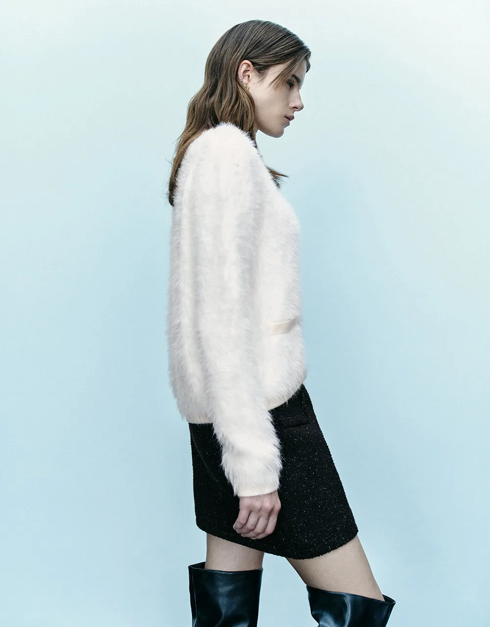 Furry Crew Neck Knitted Cardigan sold by Urban Revivo product image thumbnail 3