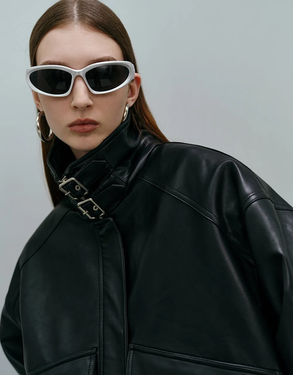 Stand Collar Vegan Leather Straight Jacket sold by Urban Revivo product image thumbnail 5