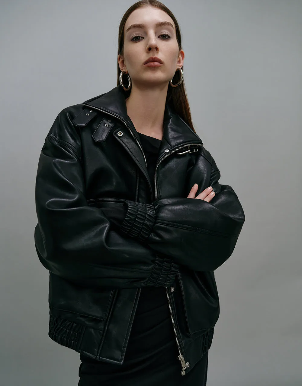 Stand Collar Vegan Leather Straight Jacket sold by Urban Revivo product image thumbnail 3