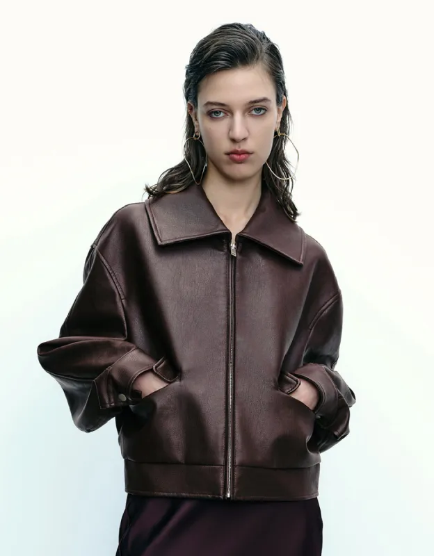 Zipper Front Vegan Leather Jacket sold by Urban Revivo