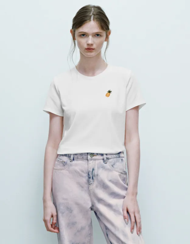 Fruit Embroidered Crew Neck Skinny T-Shirt sold by Urban Revivo