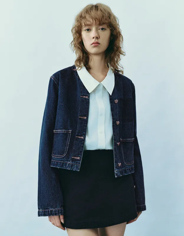 Crew Neck Button Up Denim Jacket sold by Urban Revivo