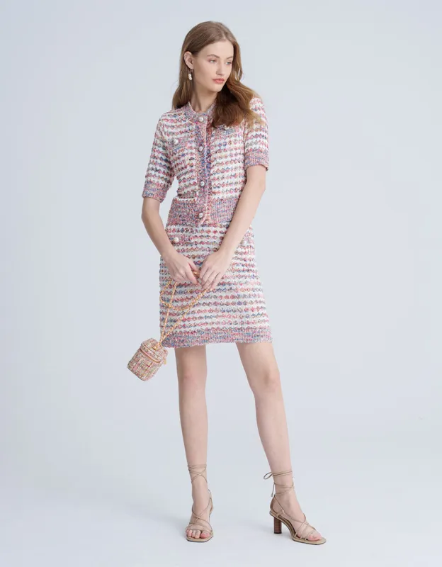 Multicolor Contrast Trim Faux Pearl Button Tweed Cardigan sold by Urban Revivo