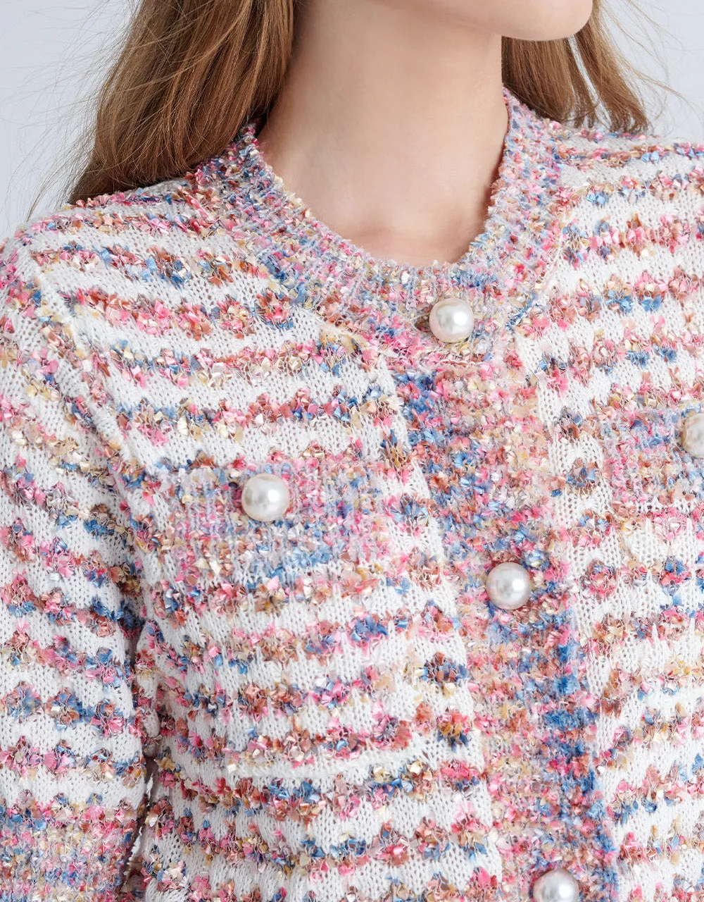 Multicolor Contrast Trim Faux Pearl Button Tweed Cardigan sold by Urban Revivo product image thumbnail 2