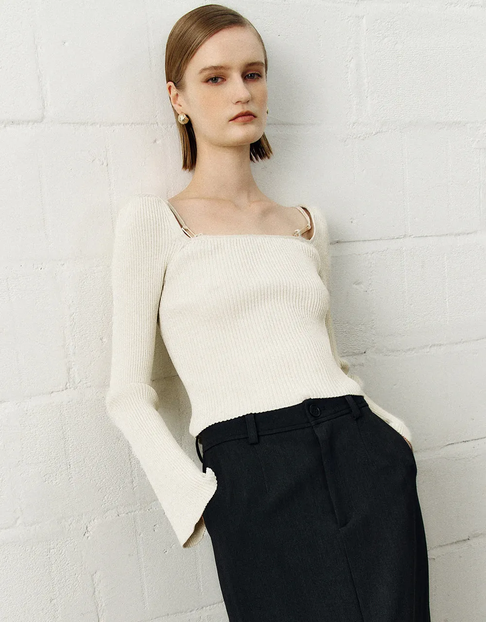 Square-Cut Collar Knitted T-Shirt sold by Urban Revivo